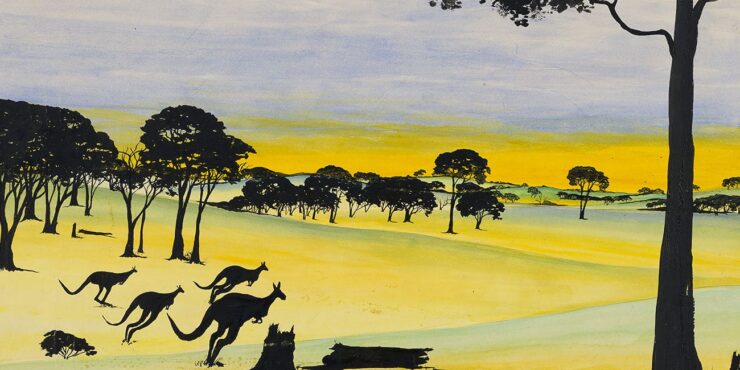 Barry Loo, Bounding for Home c1950, watercolor and black ink on paper, 302mm x 505mm. The Herbert Mayer Collection of Carrolup Artwork, Curtin University Art Collection. Gift of Colgate University, USA, 2013.