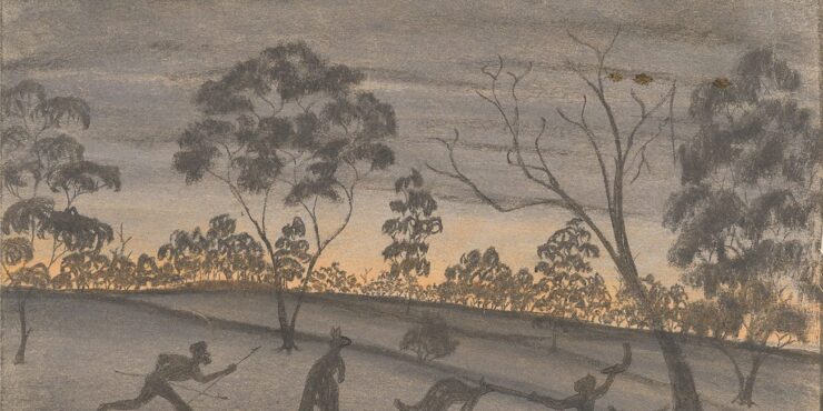 Once known child artist, Hunting – The Finish c1949, pastel and graphite on paper, 281mm x 384mm. The Herbert Mayer Collection of Carrolup Artwork, Curtin University Art Collection. Gift of Colgate University, USA, 2013. Image reproduced with permission of the Carrolup Elders Reference Group.