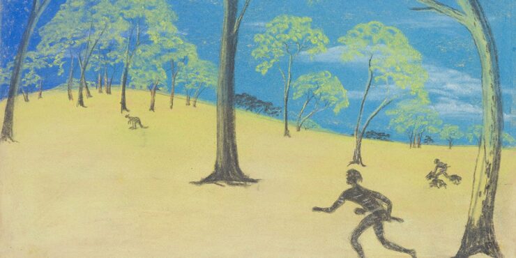 Once known child artist, Stalking c1949, pastel on paper, 218mm x 384mm. The Herbert Mayer Collection of Carrolup Artwork, Curtin University Art Collection. Gift of Colgate University, USA, 2013. Image reproduced with permission of the Carrolup Elders Reference Group.