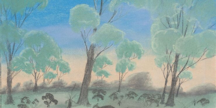 Once known child artist, The Blue of the Sky c1949, pastel on paper, 277mm x 379mm. The Herbert Mayer Collection of Carrolup Artwork, Curtin University Art Collection. Gift of Colgate University, USA, 2013. Image reproduced with permission of the Carrolup Elders Reference Group.