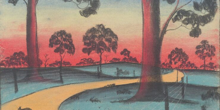 Once known child artist, The Golden Road c1949, pastel on paper, 280mm x 385mm. The Herbert Mayer Collection of Carrolup Artwork, Curtin University Art Collection. Gift of Colgate University, USA, 2013. Image reproduced with permission of the Carrolup Elders Reference Group.